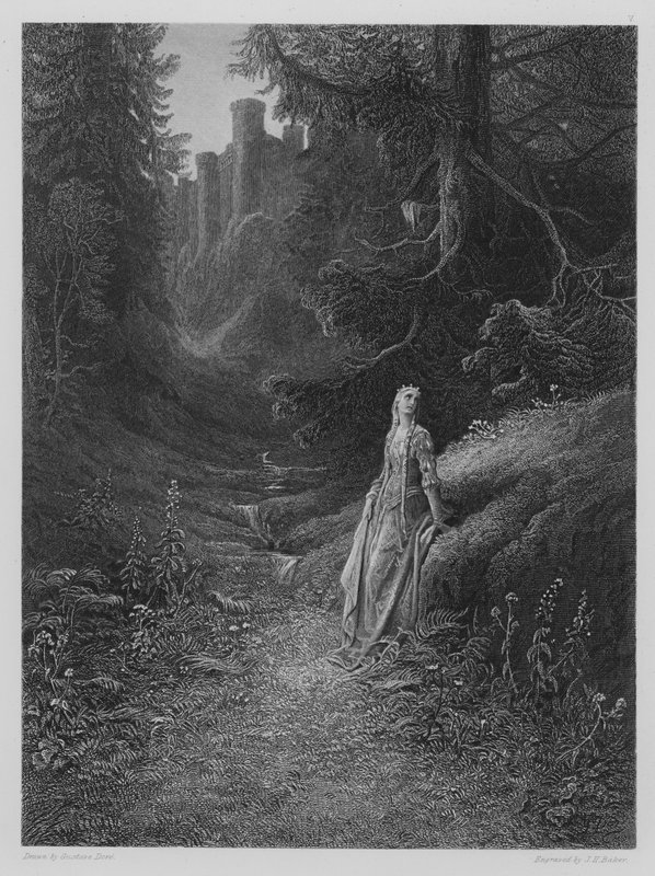 Elaine sulla strada per la caverna di Lancillotto da Gustave after Dore