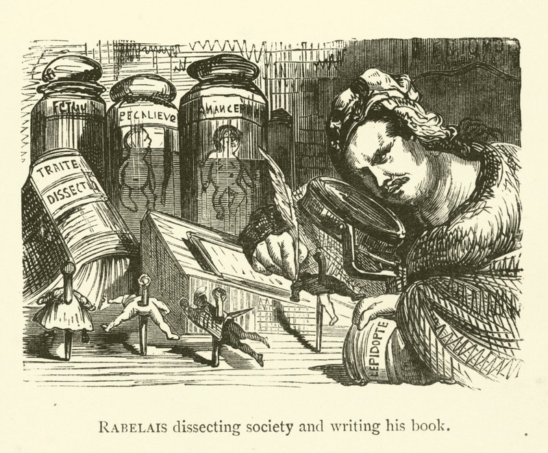 Rabelais disseziona la società e scrive il suo libro da Gustave after Dore