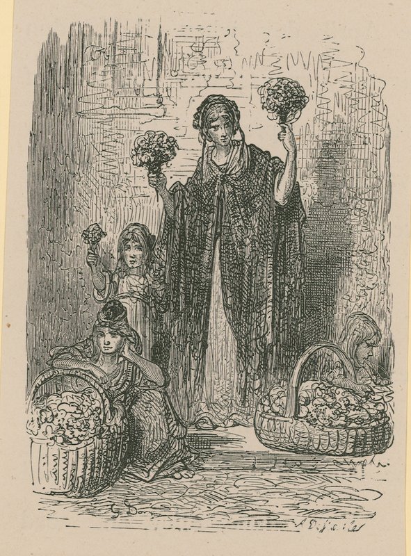 Un gruppo di giovani donne che vendono fiori dai cesti da Gustave Dore