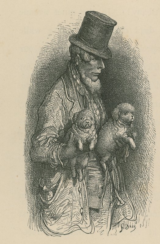 Un uomo con cilindro che tiene due cani in mano da Gustave Dore