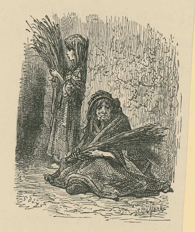 Una donna e una giovane ragazza che vendono fiori secchi da Gustave Dore