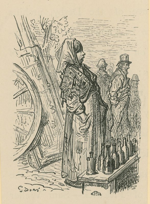 Una donna che vende bottiglie di vetro da Gustave Dore