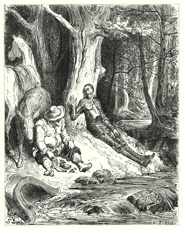 Una chiara fontana, che Don Chisciotte e Sancho trovarono tra alcuni alberi verdi, servì a rinfrescarli da Gustave Dore