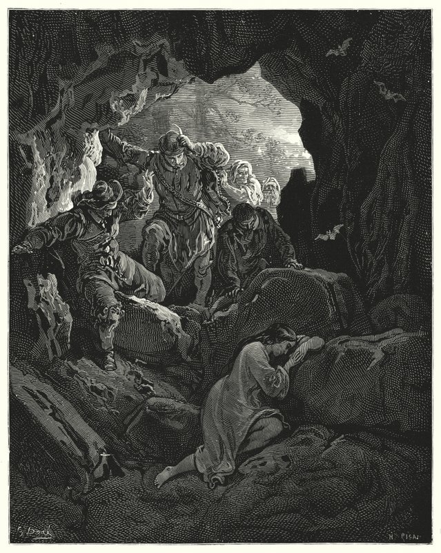 Don Chisciotte di Gustave Doré: "Un gruppo con ufficiali viene inviato ... che trova la povera Leandra in una grotta di una delle montagne" da Gustave Dore