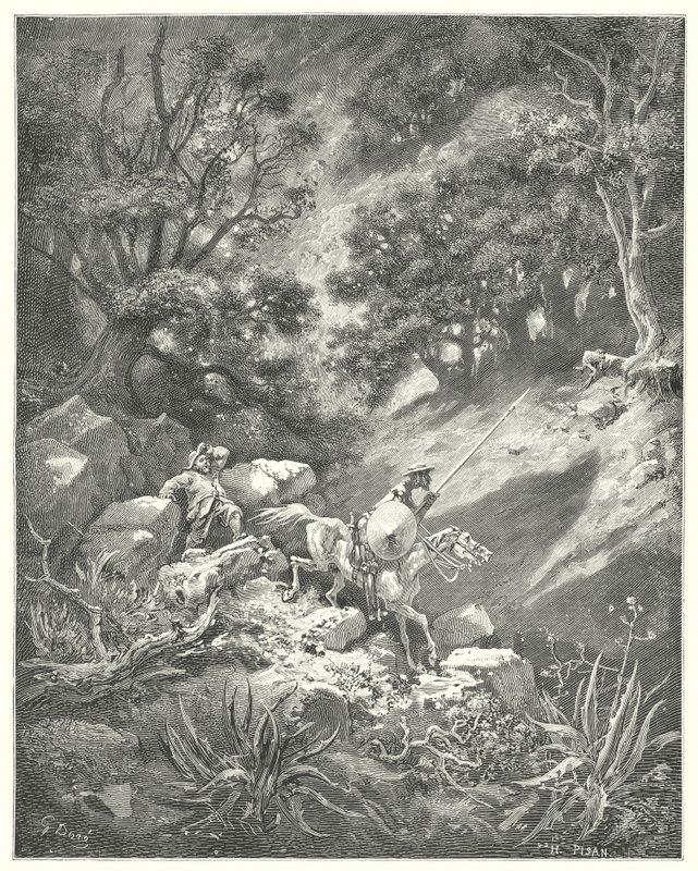Ma prego, signore," disse Sancho, "è una buona legge della cavalleria che dice che dobbiamo vagare su e giù, tra cespugli e rovi, in questo deserto roccioso?" da Gustave Dore