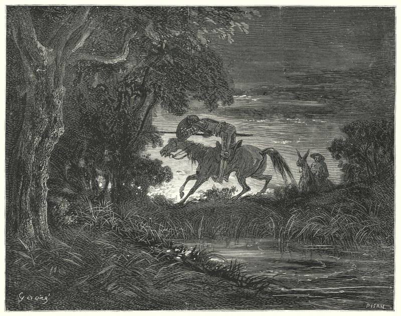 Don Chisciotte di Gustave Doré: "Don Chisciotte, accompagnato dal suo intrepido cuore, saltò su Rozinante" da Gustave Dore