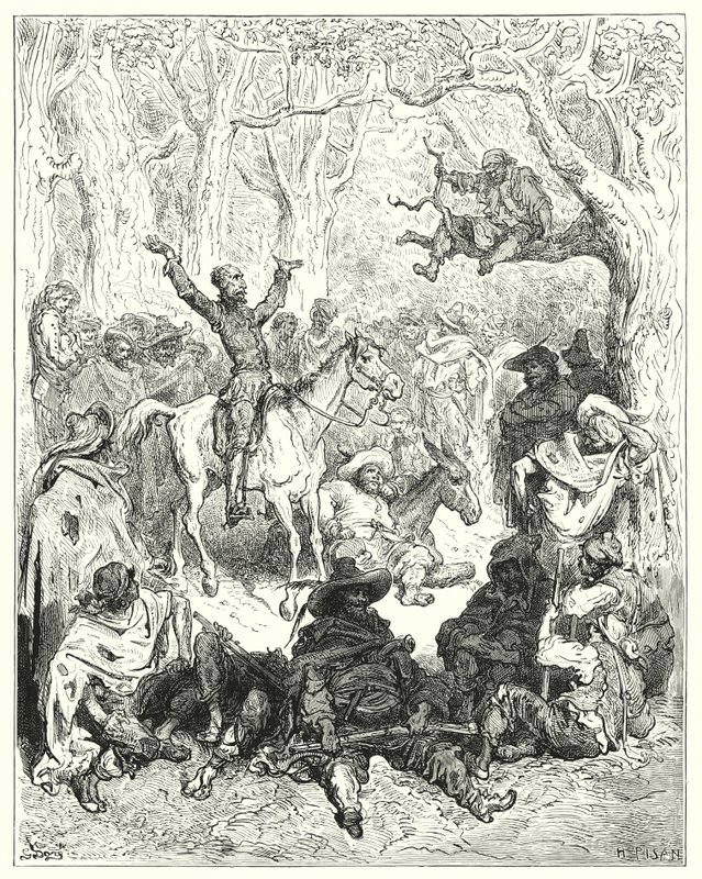 Don Chisciotte, montato su Rozinante, declamando molto copiosamente contro il loro modo di vivere (incisione) da Gustave Dore