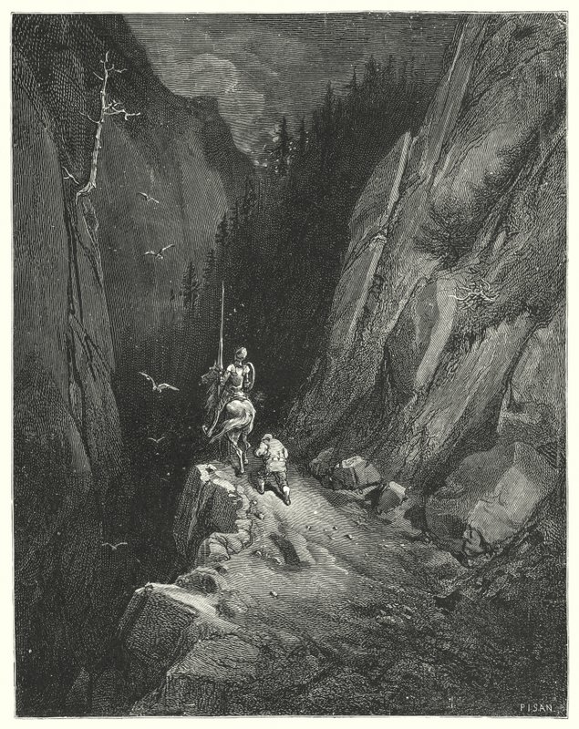 Don Chisciotte di Gustave Doré: "Don Chisciotte era trasportato dalla gioia di trovarsi dove poteva lusingare la sua ambizione con la speranza di nuove avventure" (incisione) da Gustave Dore