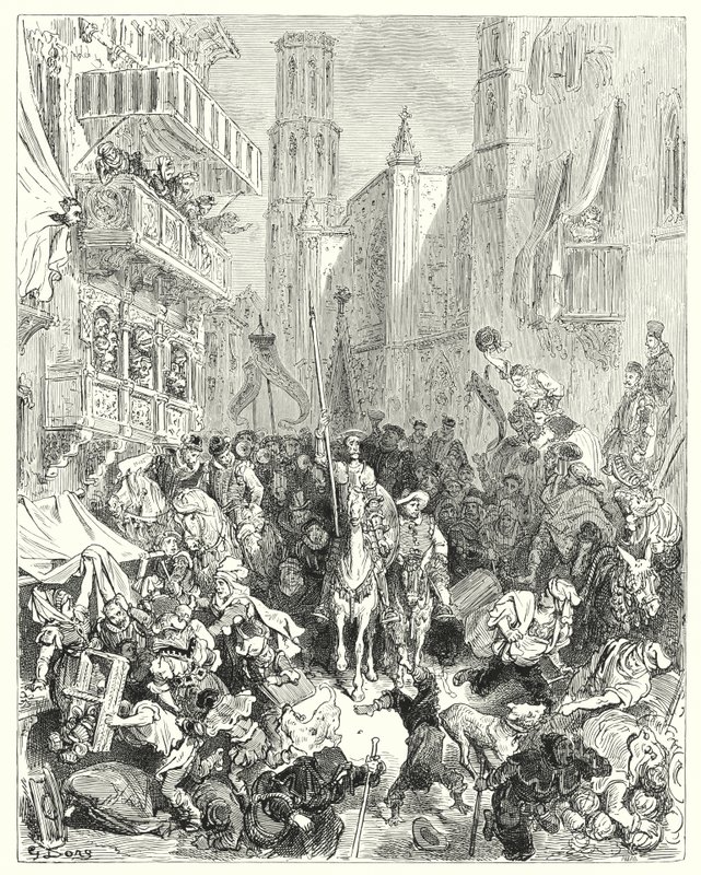 Don Chisciotte di Gustave Doré: "Rinchiudendolo nel mezzo della loro brigata, lo condussero verso la città" da Gustave Dore