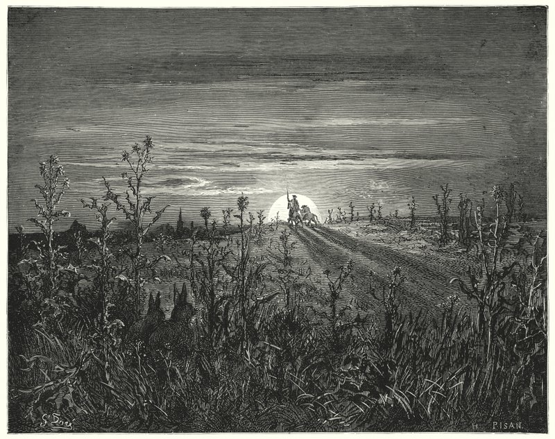 Don Chisciotte di Gustave Doré: "Amico Sancio," disse Don Chisciotte, "vedo che la notte che si avvicina ci raggiungerà prima che possiamo arrivare a Toboso" da Gustave Dore