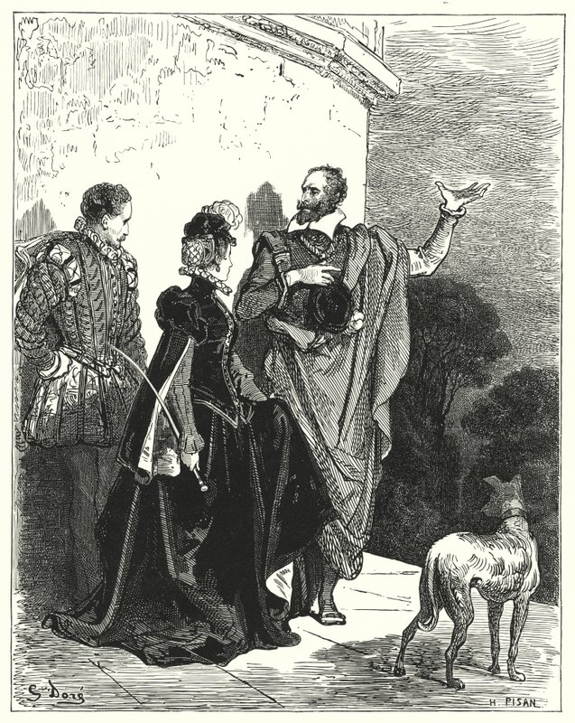 Informò il duca e la duchessa dei suoi sentimenti e chiese il loro permesso di partire (incisione) da Gustave Dore