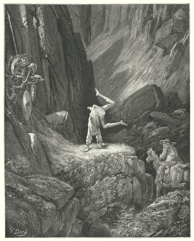 Don Chisciotte di Gustave Doré: "Fece due o tre salti in aria, e poi cadendo sulle mani, portò i talloni sopra la testa due volte di seguito" da Gustave Dore