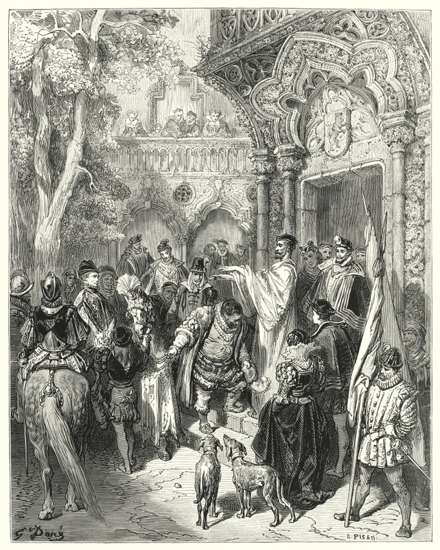 Don Chisciotte di Gustave Doré: "Baciò la mano del duca e della duchessa al momento della partenza, e ricevette la benedizione del suo padrone" da Gustave Dore