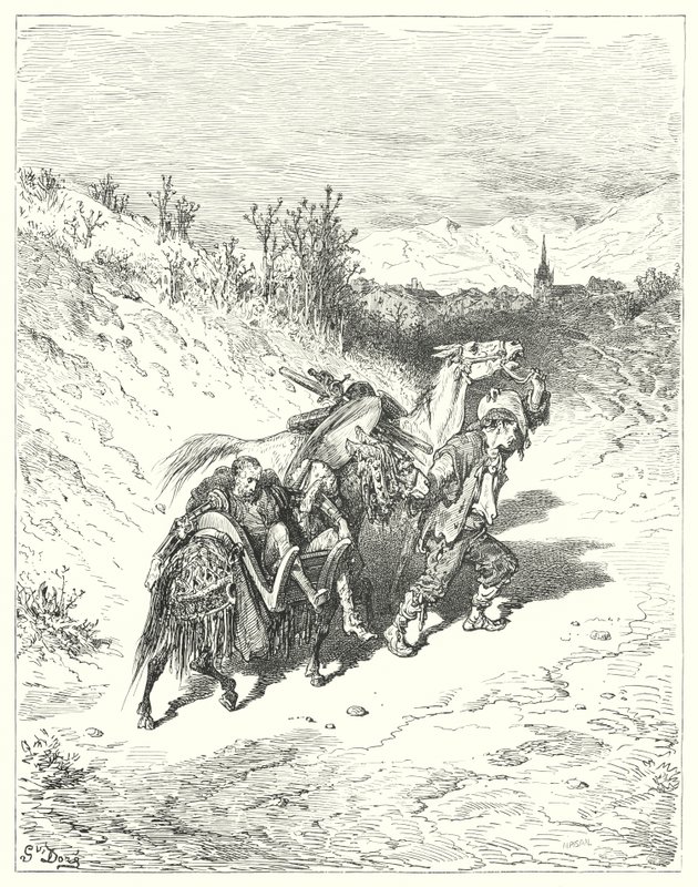 Don Chisciotte di Gustave Doré: "Li condusse tutti verso il villaggio, e camminava a piedi, molto pensieroso" da Gustave Dore