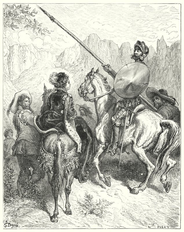 Don Chisciotte di Gustave Doré: "Ora, signora," disse Don Chisciotte, "lasciate che vi preghi di dirmi quale strada dobbiamo prendere, per servirvi" da Gustave Dore