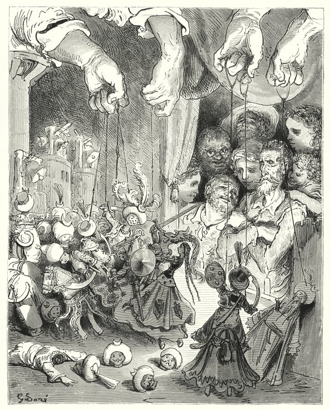 Don Chisciotte di Gustave Doré: "Osserva che una vasta compagnia di cavalli scintillanti esce dalla città, all
