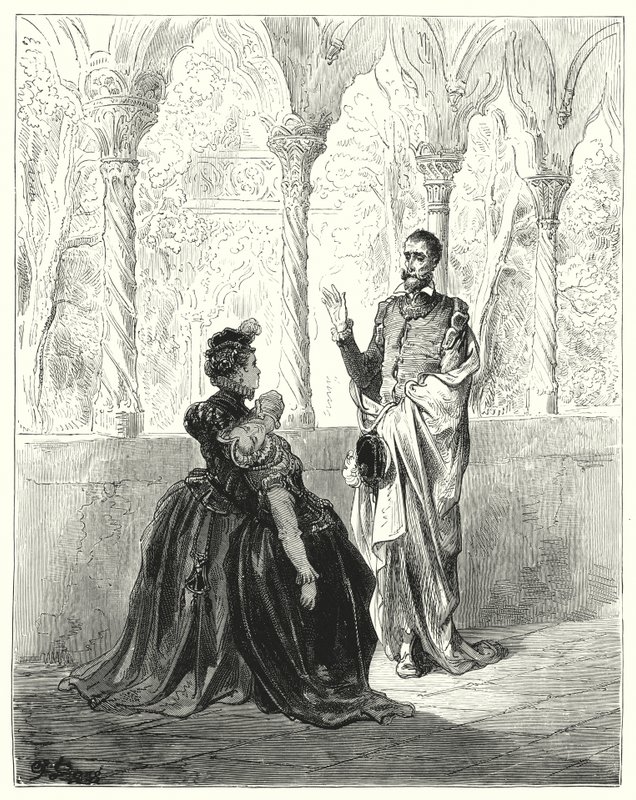 Don Chisciotte di Gustave Doré: "Ti prego, mio Signore Don Chisciotte, ritirati, perché questa povera giovane non tornerà in sé finché tu sarai qui" da Gustave Dore