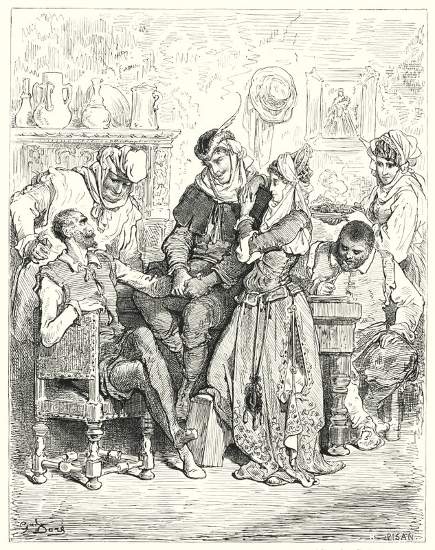 Don Chisciotte di Gustave Doré: "Sancio e il suo padrone rimasero tre giorni con la giovane coppia, e furono trattati come principi" da Gustave Dore
