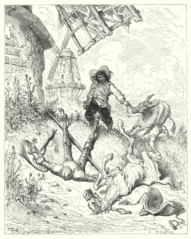 Don Chisciotte di Gustave Doré: "Sancho correva più veloce che poteva il suo asino, per aiutare il suo padrone" (incisione) da Gustave Dore