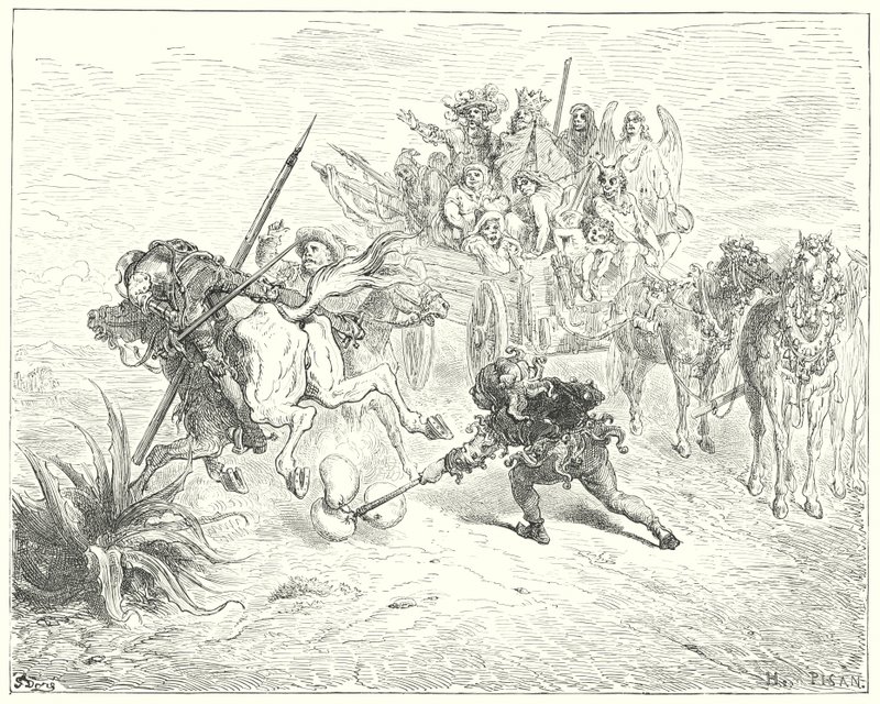 Il folle della commedia si avvicinò saltellando con i suoi campanelli (incisione) da Gustave Dore