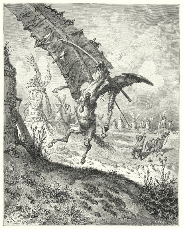 Don Chisciotte di Gustave Doré: "La vela ha spazzato via sia il cavaliere che il cavallo insieme ad essa" da Gustave Dore