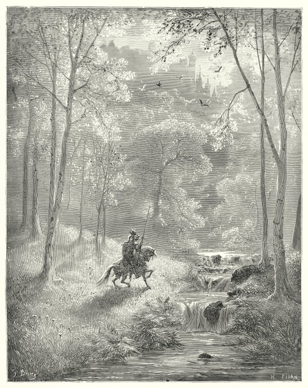 Don Chisciotte di Gustave Doré: "Il cielo gli appare più trasparente e il sole sembra brillare con doppia luminosità" (incisione) da Gustave Dore