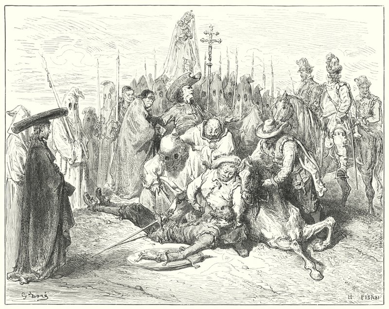 Le accenti lamentosi della voce dello scudiero alla fine richiamarono Don Chisciotte a sé da Gustave Dore
