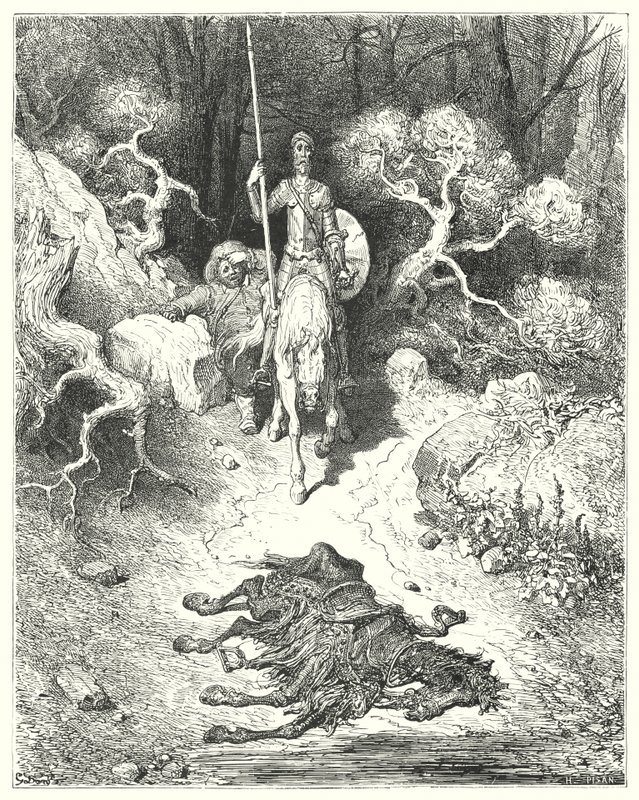 Arrivarono a un parco, dove trovarono un mulo morto (incisione) da Gustave Dore