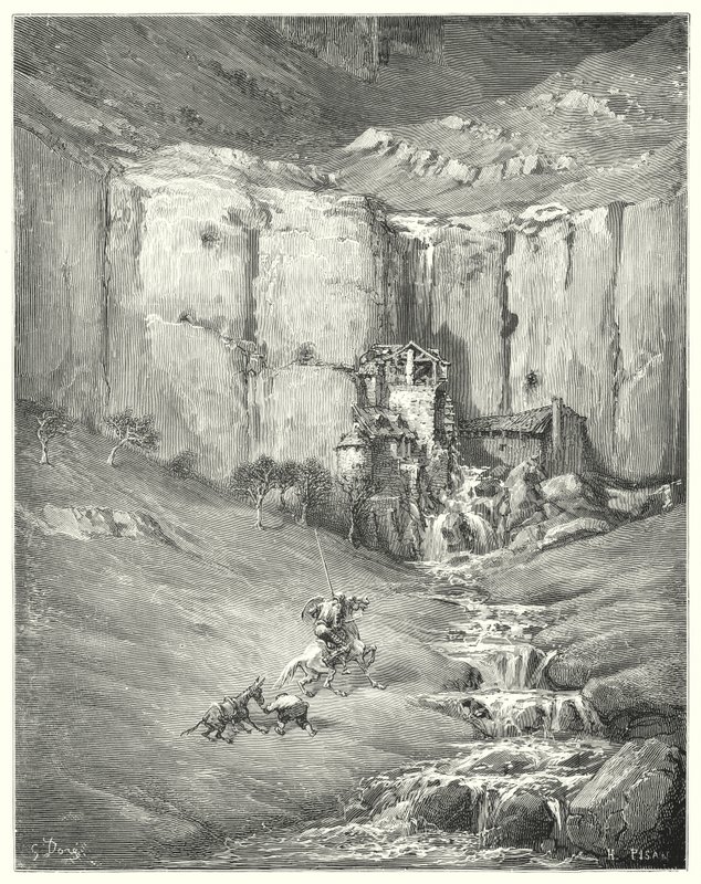 Don Chisciotte di Gustave Doré: "Quando si avvicinarono, anche il paziente Rozinante stesso si spaventò al terribile suono" (incisione) da Gustave Dore