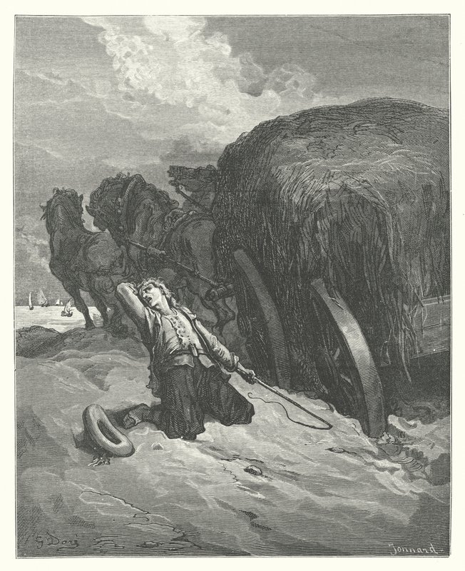 Le favole di La Fontaine: Il carrettiere bloccato nel fango (incisione) da Gustave Dore