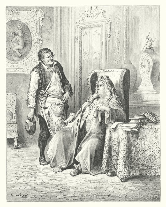 Le favole di La Fontaine: Il ciabattino e il banchiere (incisione) da Gustave Dore