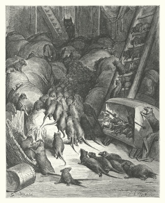 Le favole di La Fontaine: La lega dei topi (incisione) da Gustave Dore