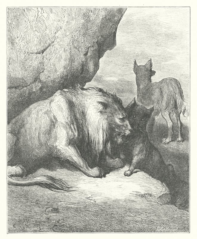 Le favole di La Fontaine: Il leone, il lupo e la volpe da Gustave Dore