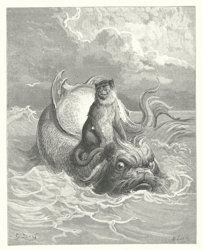 Le favole di La Fontaine: La scimmia e il delfino (incisione) da Gustave Dore