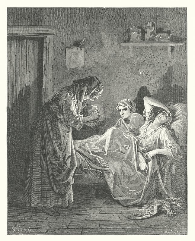 Le favole di La Fontaine: La vecchia e i suoi servi (incisione) da Gustave Dore