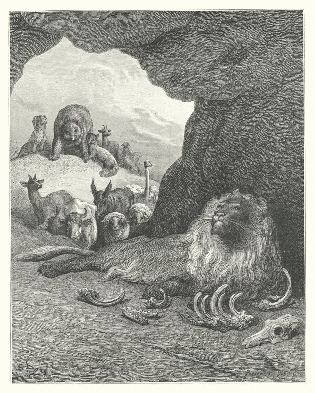 Le favole di La Fontaine: Il leone malato e la volpe (incisione) da Gustave Dore