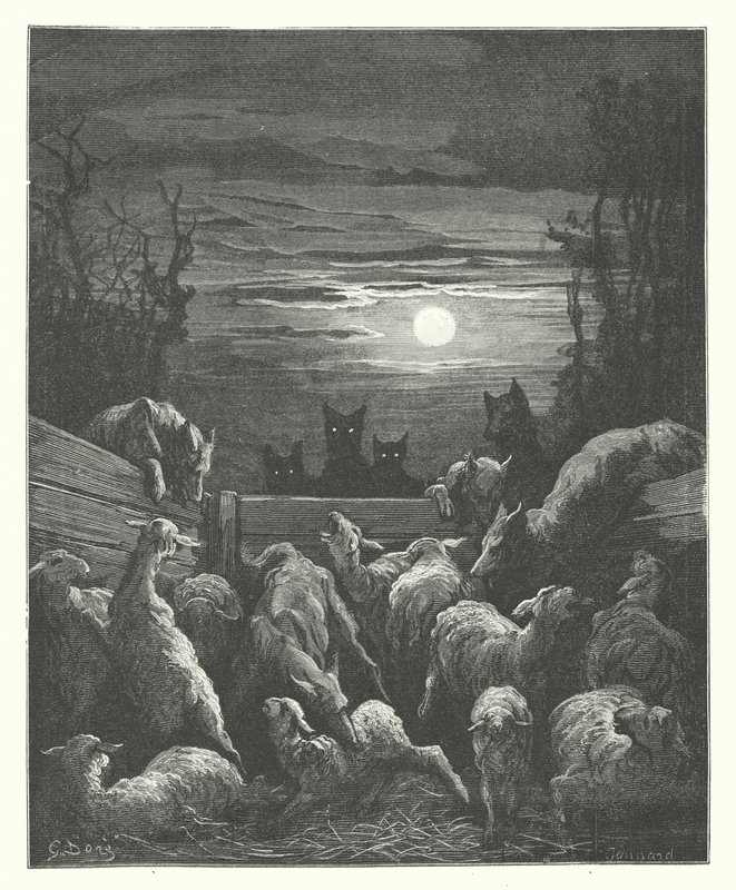 Le favole di La Fontaine: I lupi e le pecore (incisione) da Gustave Dore