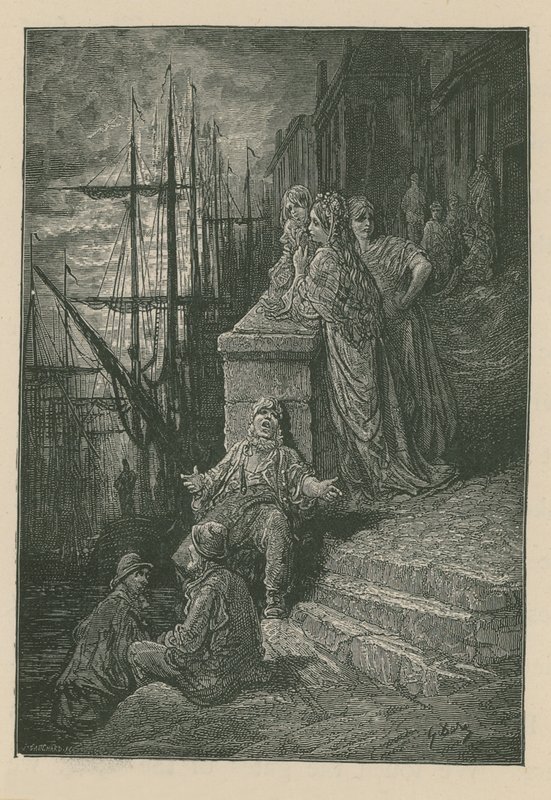 Famiglia di barcaioli su una scala lungo il Tamigi da Gustave Dore