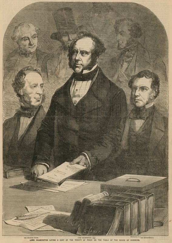 Lord Palmerston che depone una copia del Trattato di Pace sul tavolo della Camera dei Comuni da Gustave Janet