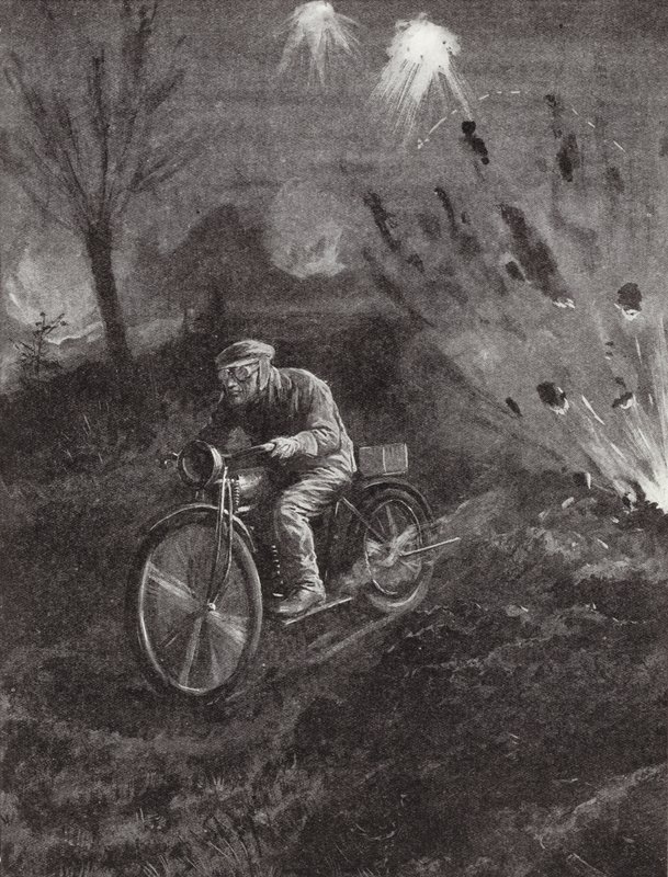 Caporale C C Parrott che porta messaggi sulla sua motocicletta lungo strade spazzate dal fuoco delle granate, Prima Guerra Mondiale da H. Ripperger