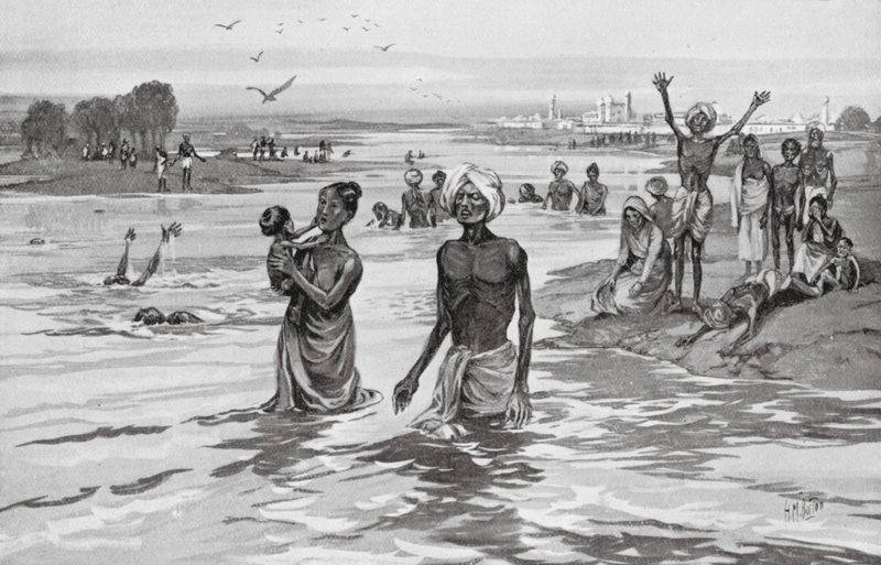 Sofferenze della carestia si annegano nel Jamna da H. M. (after) Burton