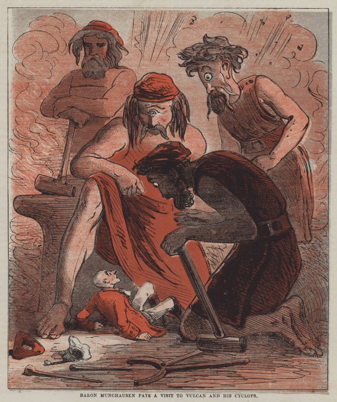 Il barone di Münchhausen fa visita a Vulcano e ai suoi Ciclopi da after Hablot Knight Browne