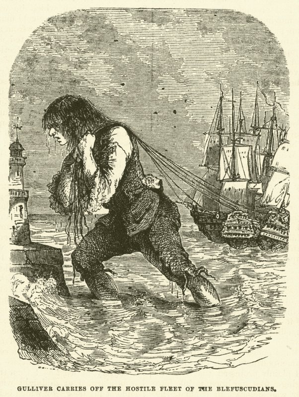 Gulliver porta via la flotta ostile dei Blefuscudiani (incisione) da after Hablot Knight Browne