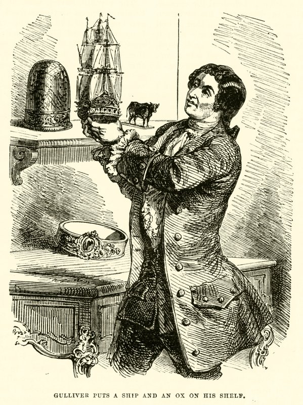 Gulliver mette una nave e un bue sul suo scaffale (incisione) da after Hablot Knight Browne