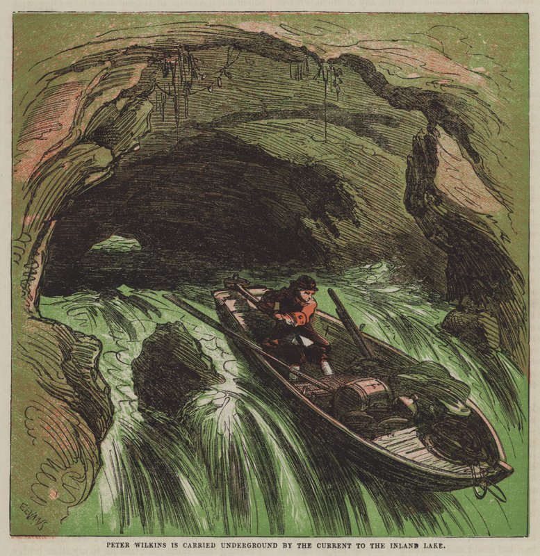 Peter Wilkins viene trasportato sottoterra dalla corrente al Lago Interno da after Hablot Knight Browne