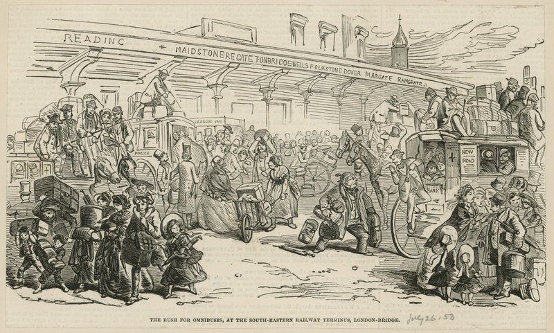 La corsa agli omnibus al capolinea ferroviario sud-orientale, London Bridge da Hablot Knight Browne