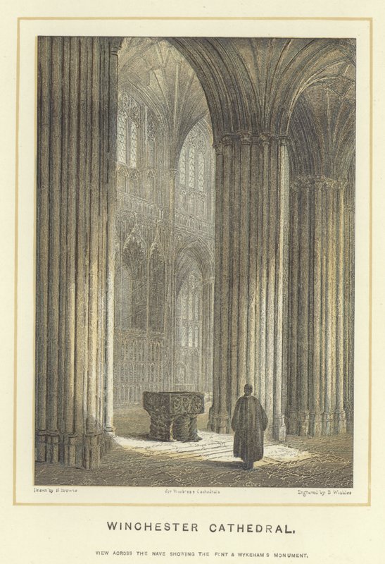Cattedrale di Winchester, vista attraverso la navata che mostra la facciata e il Monumento di Wykeham da Hablot Knight Browne