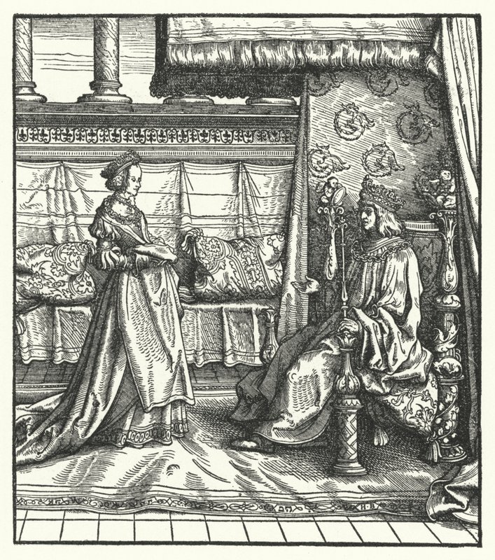 Carlo il Temerario, duca di Borgogna, con sua figlia Maria, che in seguito sposò il futuro imperatore del Sacro Romano Impero Massimiliano I nel 1477 (incisione) da Hans (after) Burgkmair