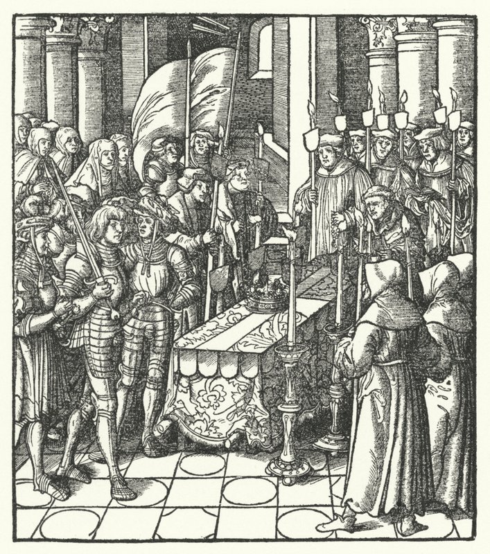 Re Luigi XII di Francia accanto alla bara del suo predecessore, Re Carlo VIII da Hans (after) Burgkmair