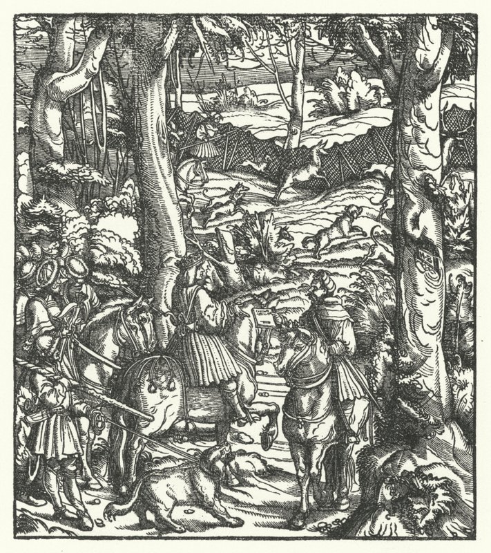 Massimiliano I, Re dei Romani, che riceve un messaggio durante una caccia (incisione) da Hans (after) Burgkmair